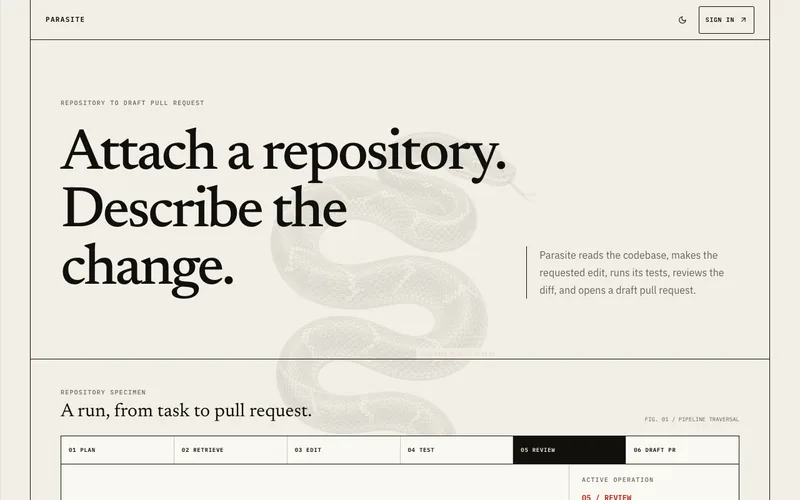 Parasite landing page asking to attach a repository and describe a change