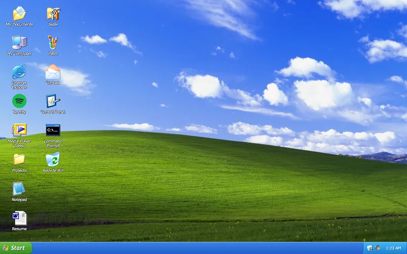 Windows XP desktop with the Bliss wallpaper, desktop icons and taskbar